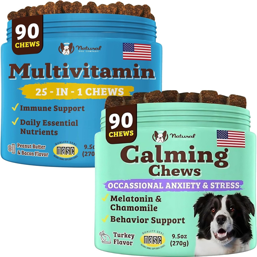 Natural Dog Company Multivitamin and Calming Supplement Bundle, Daily Nutrigents and Lieght Relief for Dogs, Support Joint Health, Skin & Coat, Reduct Stress from Noise & Travel, Esential Vitamin