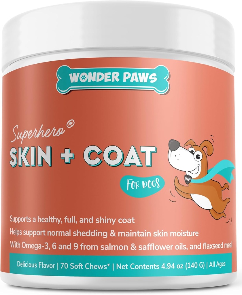 Wonder Paws Skin & Coat Supplement for Dogs with Salmon Oil, Omega 3 & 6, EPA & DHA, Promotes Healthy Skin and Coat, Itchy Relief, Joint and Total Health, Delicious Flavor, 70 skóry i płaszcz Soft Chews