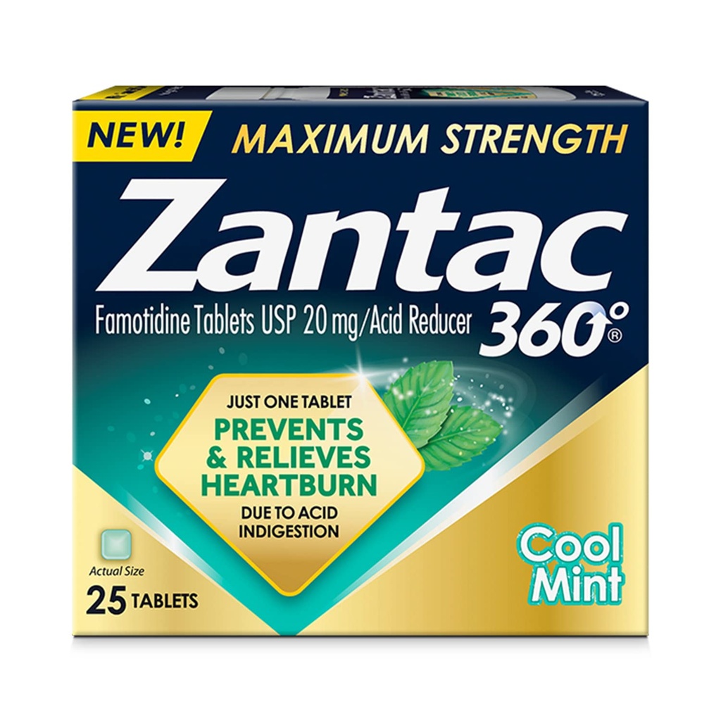 Zantac 360 Maksymalna wytrzymałość, Cool Mint, 25 Count, Heartburn Prevention & Relief, 20mg Tablets