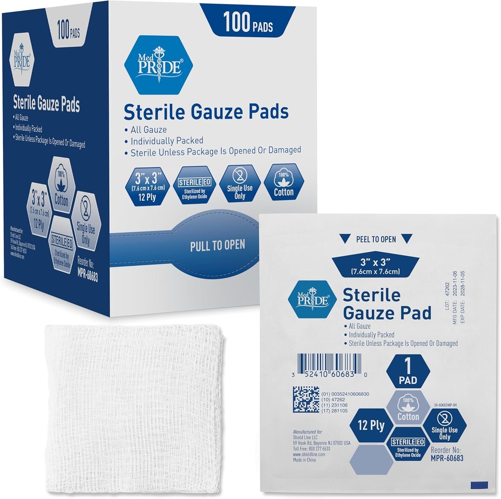 MED PRIDE Steryl Gauze Dressing Pads, 12 Ply Wysoko Absorbent Bawełna, Indywidualnie owinięte, Non Stick, Painless Removal (3x3 Inch (Opakowanie po 100))