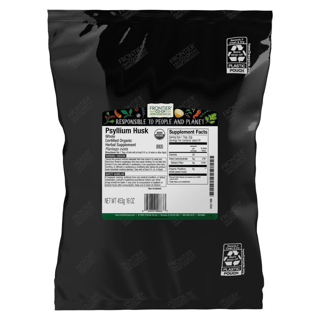Co- op Frontier Organic Pyllium Husk 1lb - Cały Pyllium Husk, Organic & Kosher - Psylium Husk Fiber do pieczenia, Psylium Nutritional Supplement for Disease, Psylium Husk Powder Bulk
