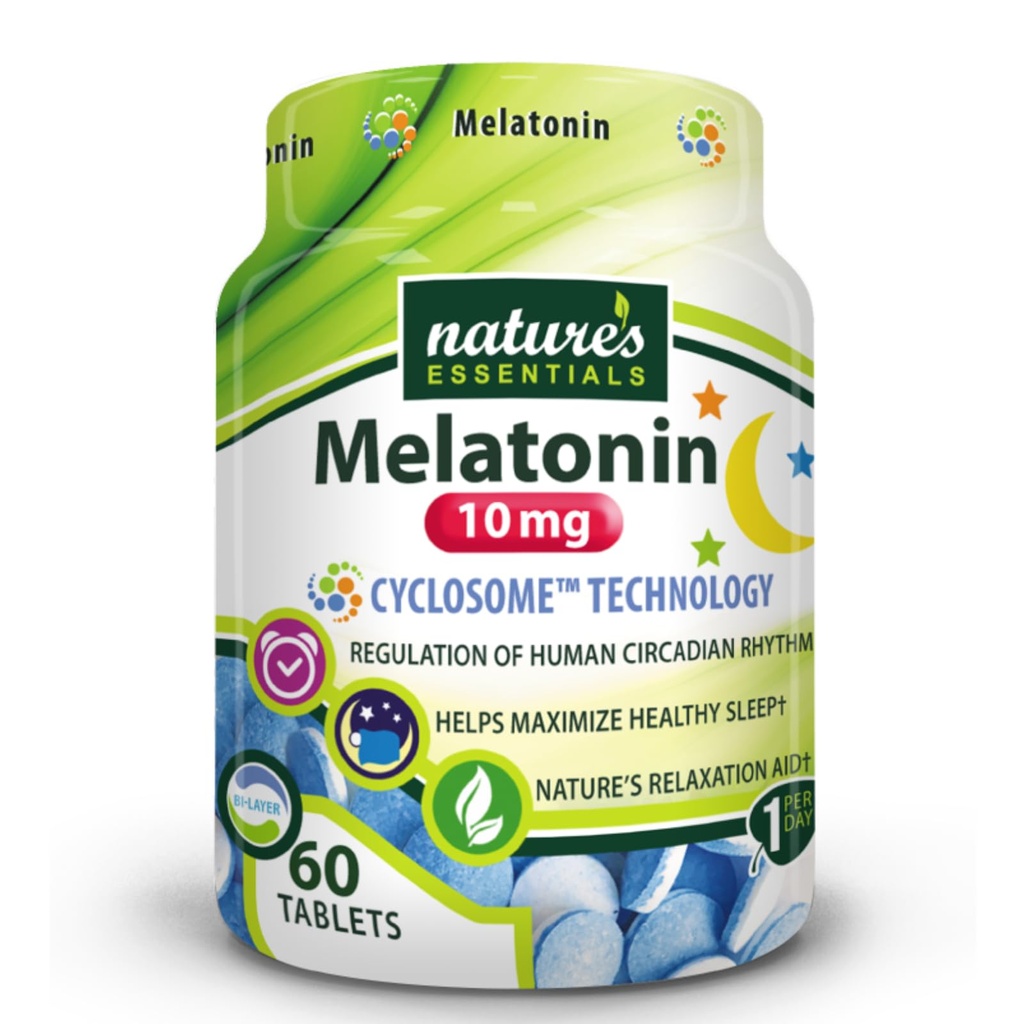 NATURA 'S ESENTIALES Melatonina 10mg Dwudziestoczterokrotnie; Natychmiastowe i Rozszerzone uwolnienie 124; Zaawansowana Cyklosomowa Liposomalna Dostawa 124; Nie-GMO, Gluten Free, Wegetariańskie 124; 60 Tabletki