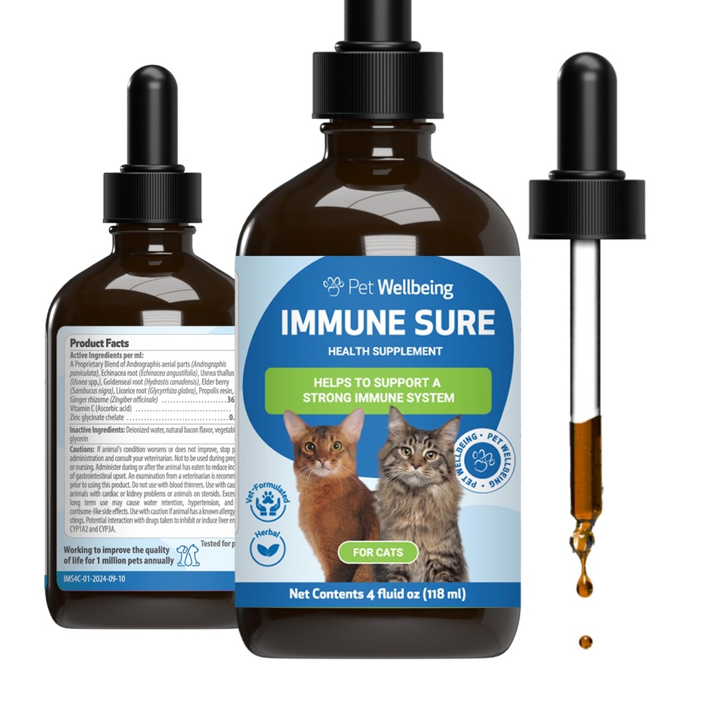 Pet Wellbeing Immune Sure for Cats - Wspiera normalne immunologiczne Defenses, Gut Flora Balance, Andrographis, Echinacea, Witamina C, Cynk - Weteranarianowy suplement ziołowy 4 oz (118 ml)