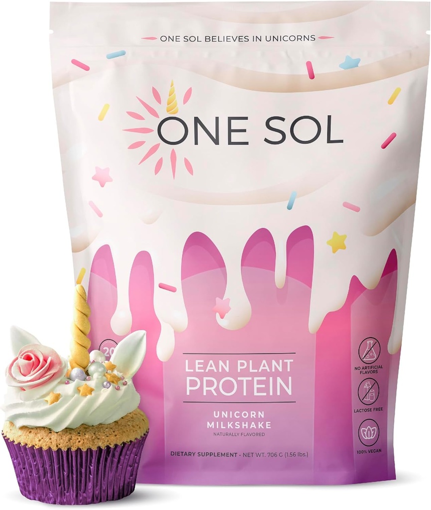 Jeden Sol Lean Plant- Protein Based, Pea & Brown Rice Protein, Niskie węglowodany, Wegan Friendly - Gluten, Laktoza, & Soy Free - No Added Sugar, Non-GMO, Czyste odżywianie, Nie wzdęcia (Unicorn Milkshake)