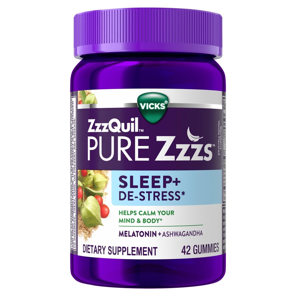 ZzzQuil PURE Zzzs De- Stres Melatonin Sleep Aid Gummies, pomaga uspokoić swój umysł i ciało, Ashwagandha dla wsparcia stresu, Pomoc snu dla dorosłych, 1 mg na gummy, 42 Hrabia