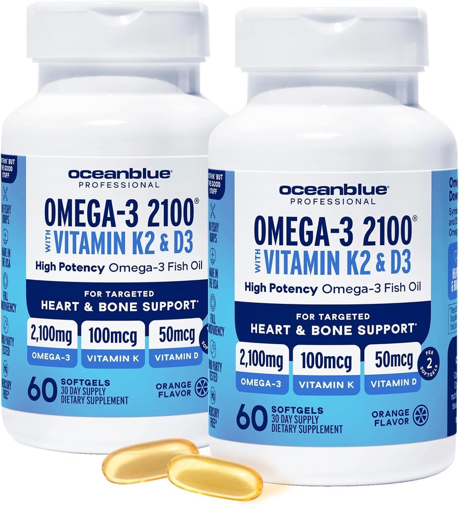 Oceanblue Professional Omega-3 2100 z witaminą K2 i witaminą D3- 60 Count 2 Pack - Triple Strength Burpless Fish Oil Supplement with EPA, DHA & DPA - Wild Caught - Pomarańczowy Flavor, 60 Servings