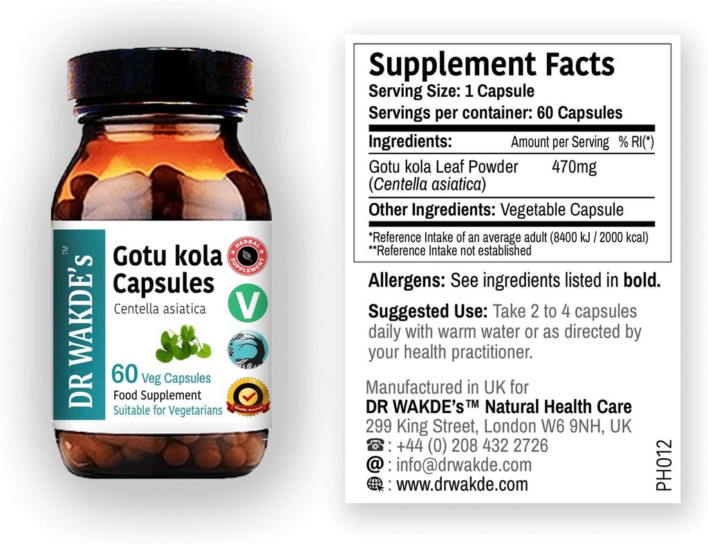 DR WAKDE 's Gotu kola Kapsułki (Mandukparni, Centella asciatia, 60 Veg Caps, Plant- Based Supplement, Ayurvedic Herb, All Natural, Vegan)