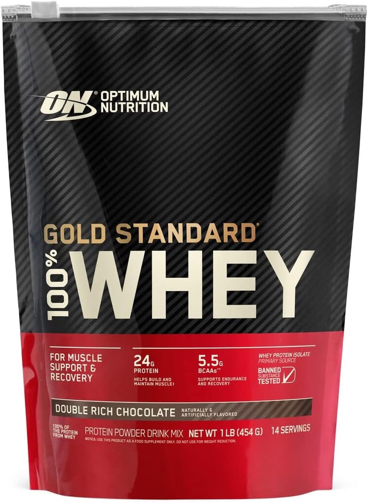 Optimum Nutrition Gold Standard 100% Proszek białkowy serwatki, Podwójnie bogata czekolada (1 lb.), Opakowanie może się różnić