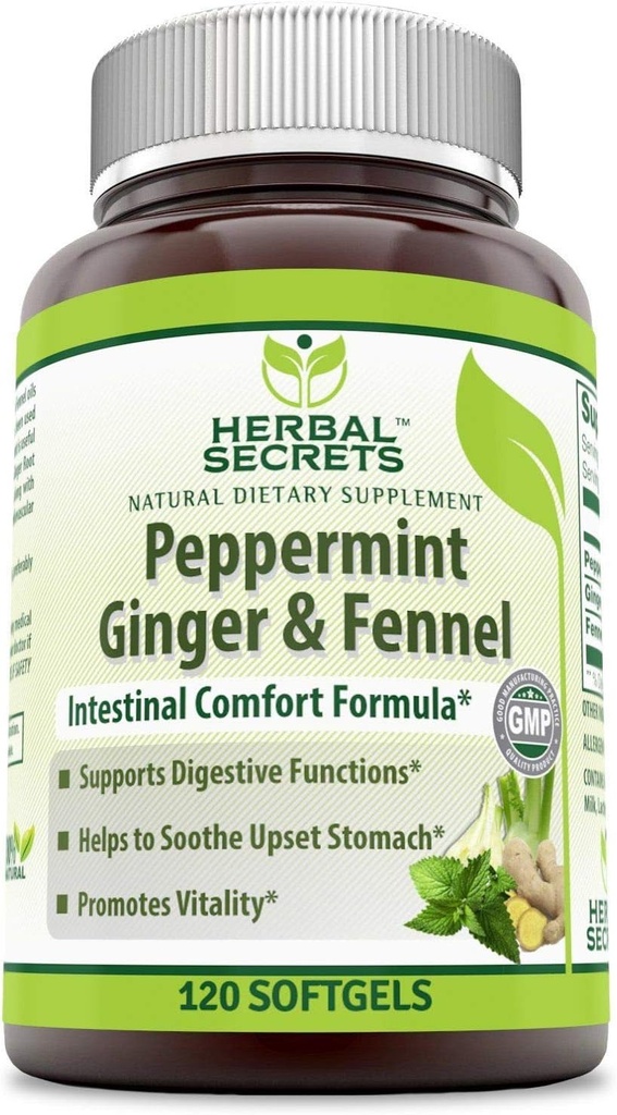 Herbal Secrets Peppermint Ginger & Fennel 120 Softgels (Non-GMO) - Supports Digestive Functions * - Promotes Vitality * - Helps to Sooth Upset Stomach *