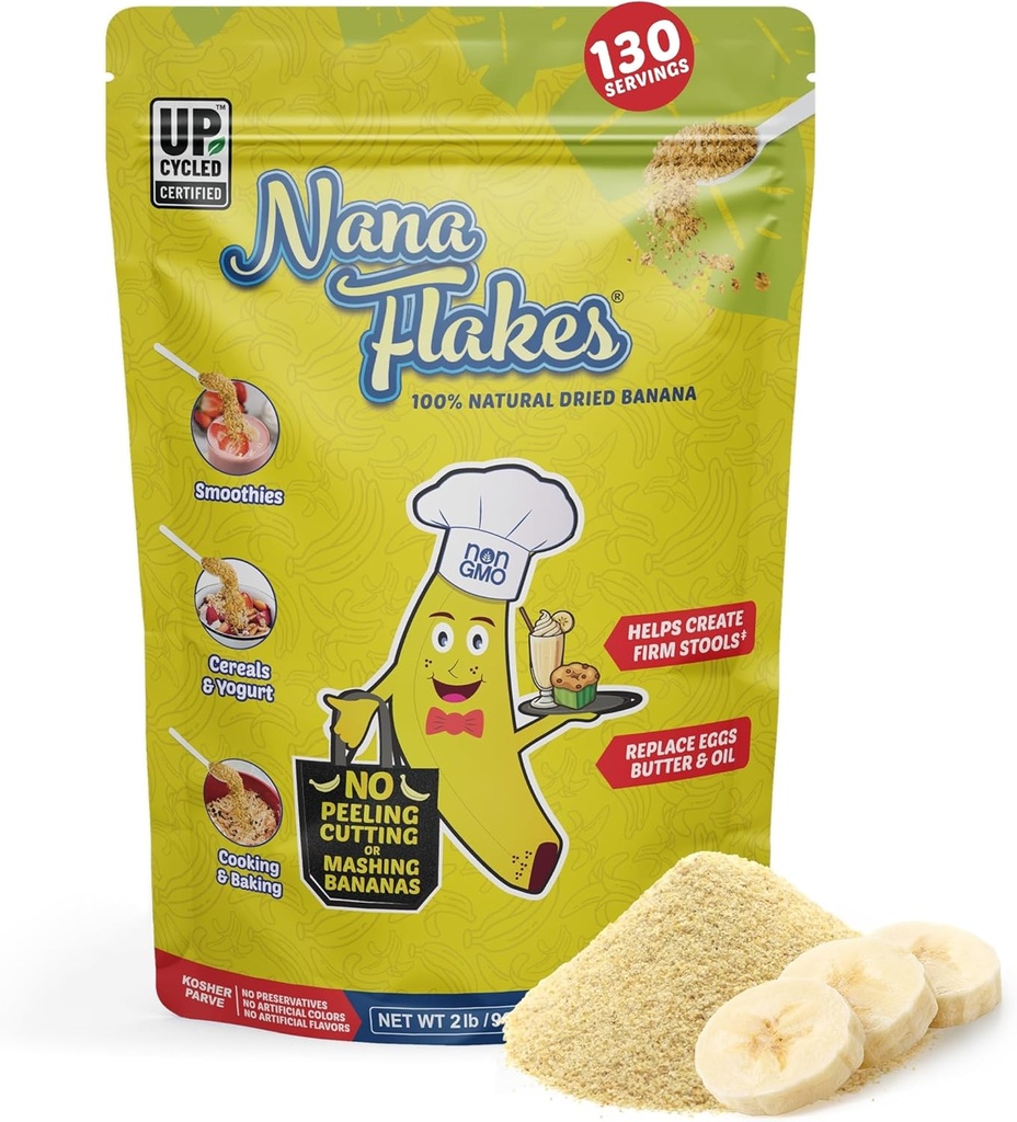 Nutritional Designs Nana Flakes 100% Natural Banana Powder, Digestive Support - Źródło potasu i włókno - Zastępca dla jaj, masła lub oleju w pieczeniu (2LB Bag)