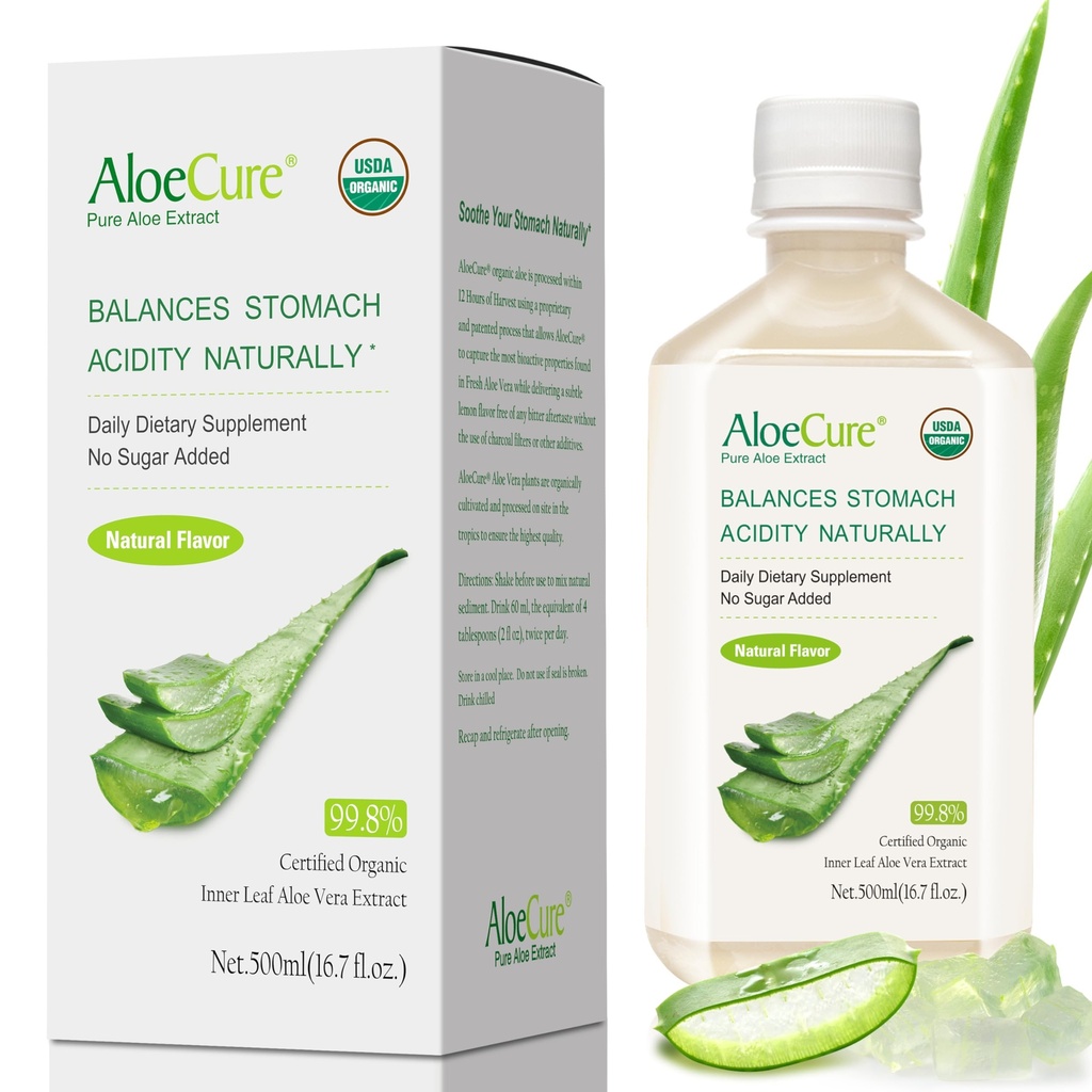 AloeCure USDA Organic Aloe Vera Juice Made Within 12 Hrs of Harvest - Pure Aloe Juice Natural Digestive Supplement to Support Digestion, Immune System and Balanced Stomach Acidity, 500ml Bottle