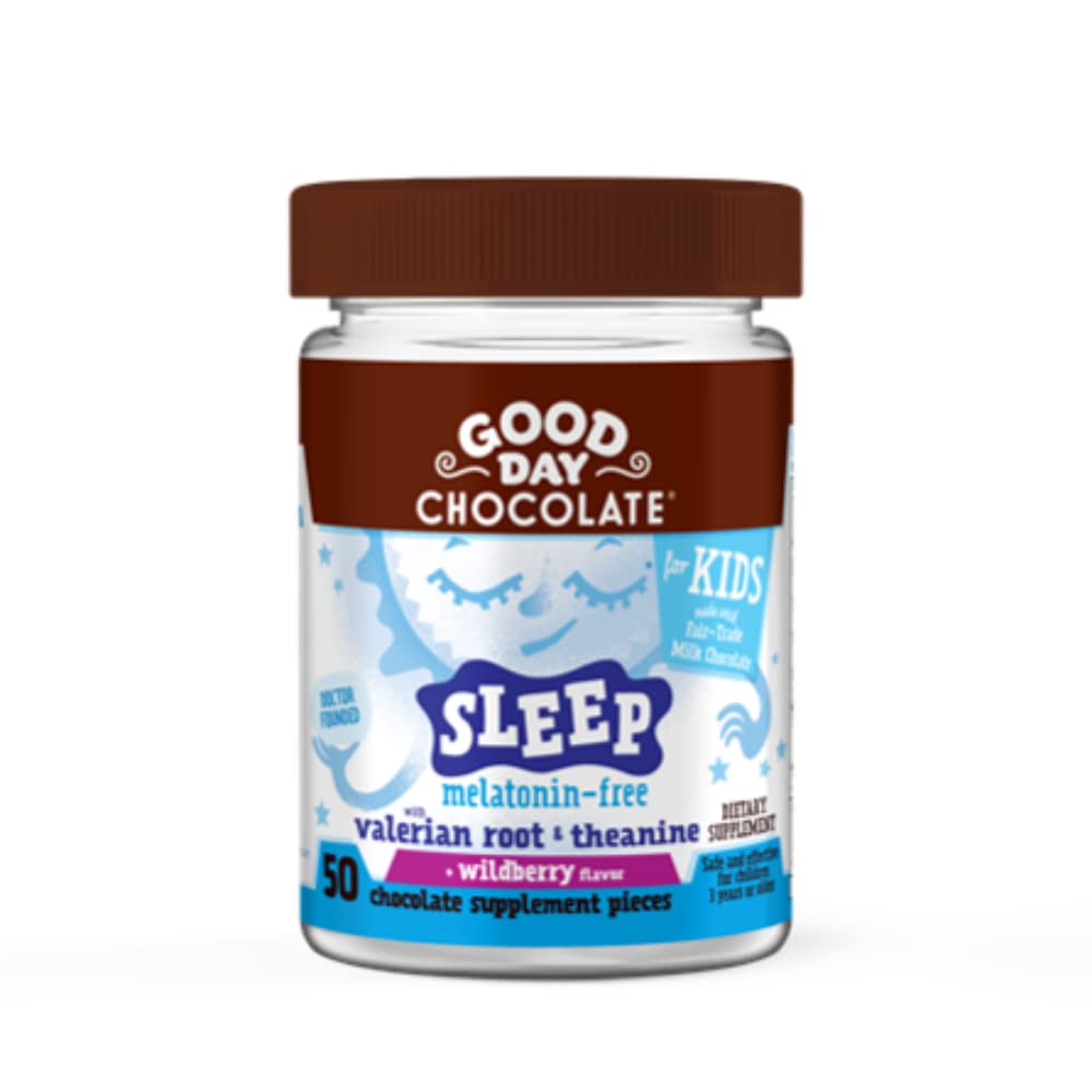 Dzień dobry Czekolada Naturalny korzeń walerian dla dzieci, Ziołowy suplement do snu, Organiczny Wildberry Flavor, Fair Trade i nieGMO Czekolada, L- Theanine, 50 Kawałki