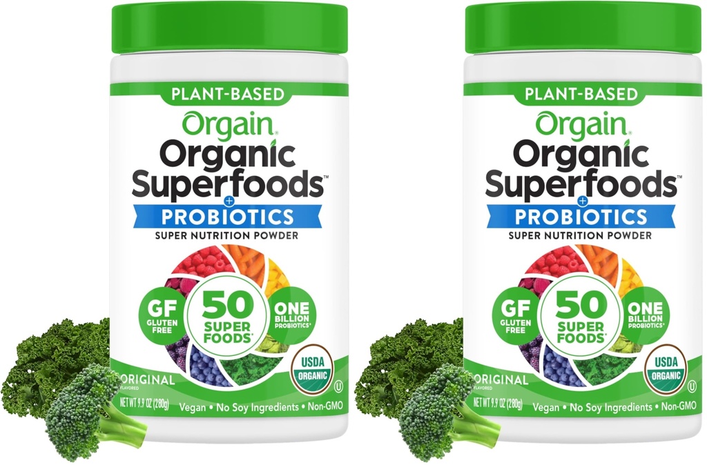 Orgain Organic Greens Powder + 50 Superfoods, Original - 1 Billion Probiotyki dla Gut Health, Przeciwutleniacze, Wegan, Roślina oparta, Gluten Free, Nie GMO, Sok mleczny i Smoothie Mix - 0.62lb