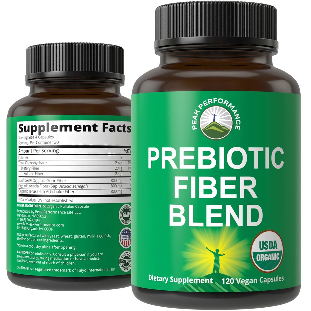 USDA Organic 3- in-1 Prebiotic Fiber - Vegan kapsułki dla Gut, Digestive Health. Surowa cała roślina spożywcza Prebiotyka Pigułki Suplement z inuliną (Jerozolima Karczoch), Acacia Włókna, SunFiber