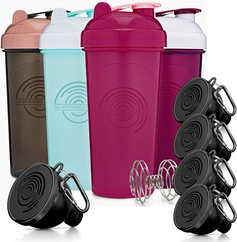 GOMOYO Fitness Bundle - 4- Pack Shaker Butelki z Agitator + 5- Pack Protein Funels z Carabiner, BPA- Free & Zmywarka Sejf