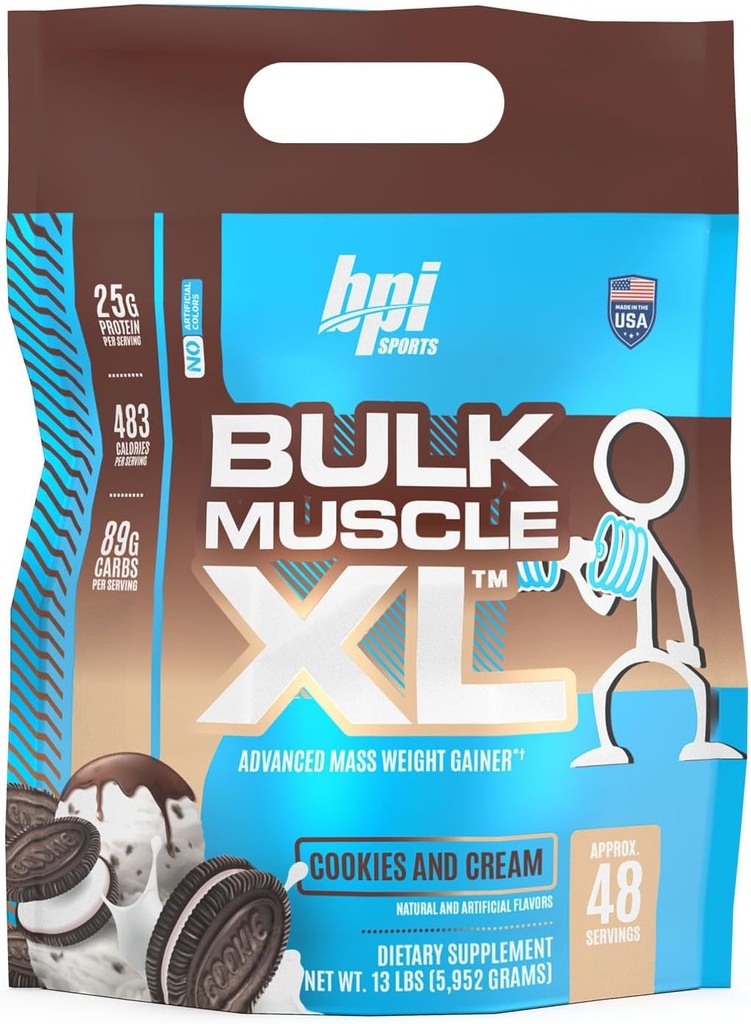 BPI Sports luzem mięśnie XL - Advanced Mass Gainer dla poważnego budowania mięśni i odzyskiwania, 25g białka i 497 Kalorii na serwowanie - Czekolada, 13lb Bag (13lb, Cookies i Cream)