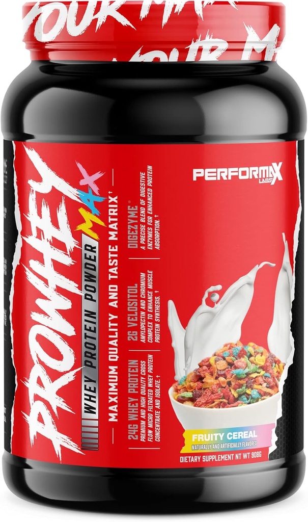 ProWhey Max Proszek z białka serwatki 124; Maksymalna jakość i smak 124; 24 g Białko z dodatkiem enzymów trawiennych 124; Pyszne aromaty (Płatki owocowe, 2 funty)