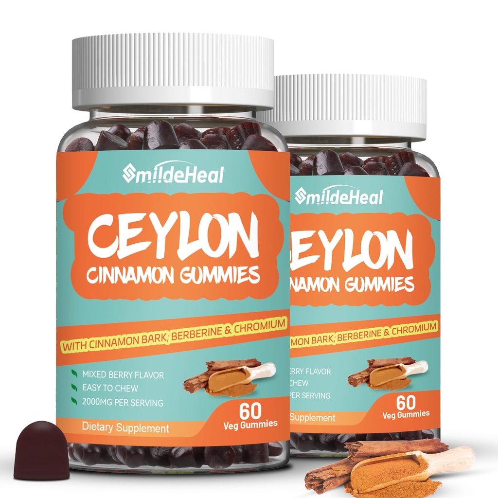 2 Pack Sugar Free Ceylon Cynamon Gummies 2000MG, Suplement cynamonowy z chromem i cynamonem Bark, Wegan, Non-GMO, Gluten Free, 120 Gummies