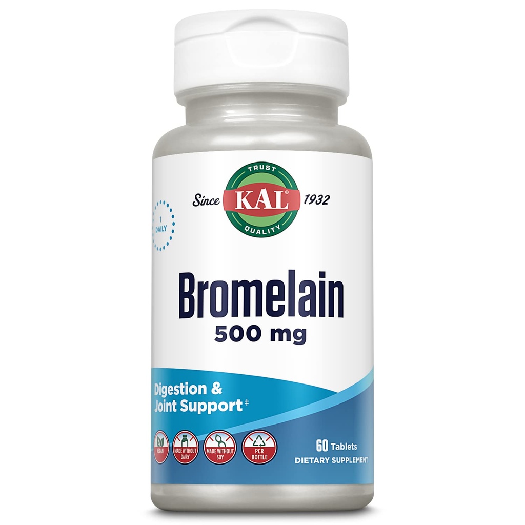 KAL Bromelain 500 mg, suplement diety i wspólnego wsparcia, Enzymy trawienne, Ekstrakt ananasowy, Szybka rozpad, Wegan, Made Without Dairy or Soy, Laboratorium zweryfikowane, 60 Słupki, 60 Tabletki