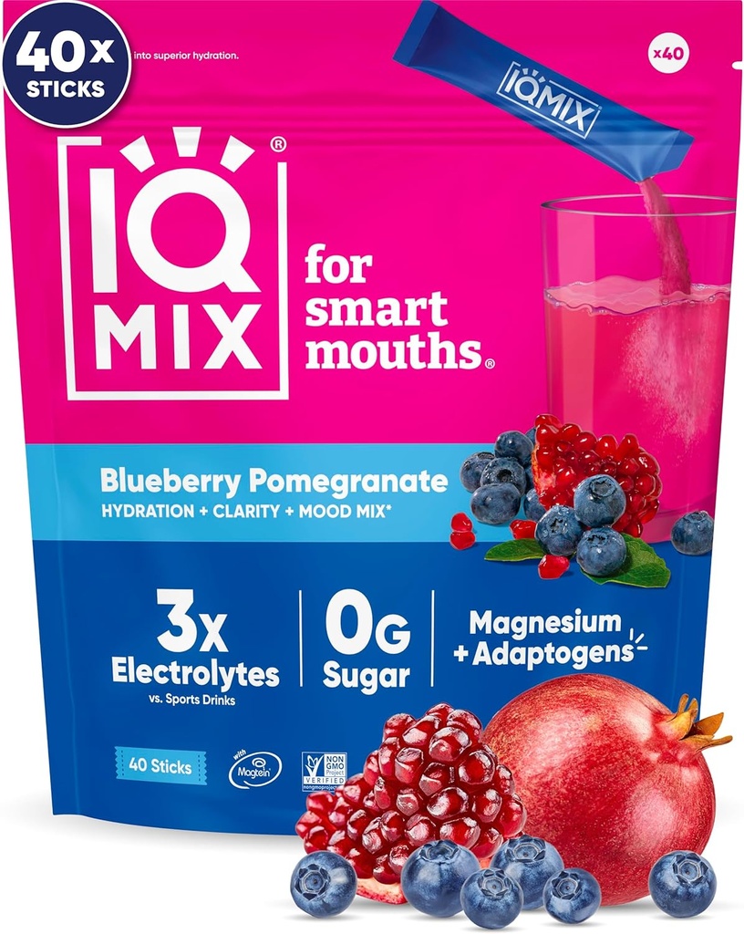 IQMIX Hydration Electrolyte Powder - 4- in-1 Formuła do Hydration, Mental Clarity, Mood and Recovery - Sugar- Free Drink Mix, Keto, Magnezu L- Threonate, Lwie 's Mane - 40 Count Blueberry Pomegranat
