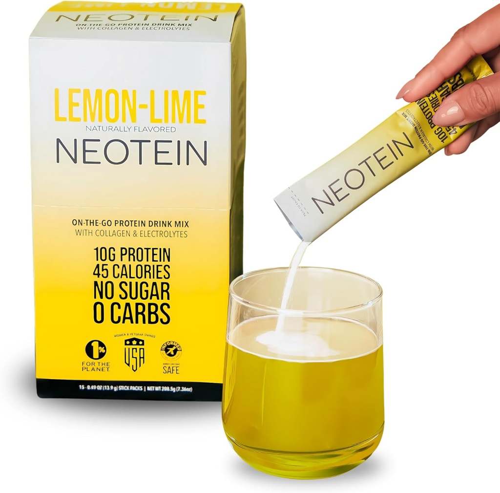 NEOTEIN: Pakiety proszkowe elektrolitów, Proszek proteinowy z 10 g białka i kolagenu 124; Pakiety nawadniające - Zero cukru, NO Fillers, NO węglowodany 124; Limy Lemon 124; 45 Kalorii