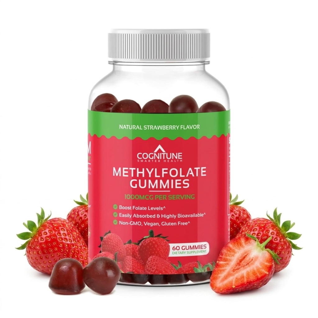 Gummy metylfolate CogniTune - Łatwy do podjęcia wysokiej potencji L-metylfolate, Folate Supplement for Brain, Heart Health & Immunity, Pyszny aromat truskawkowy, Non-GMO, Wegan, Gluten- Free