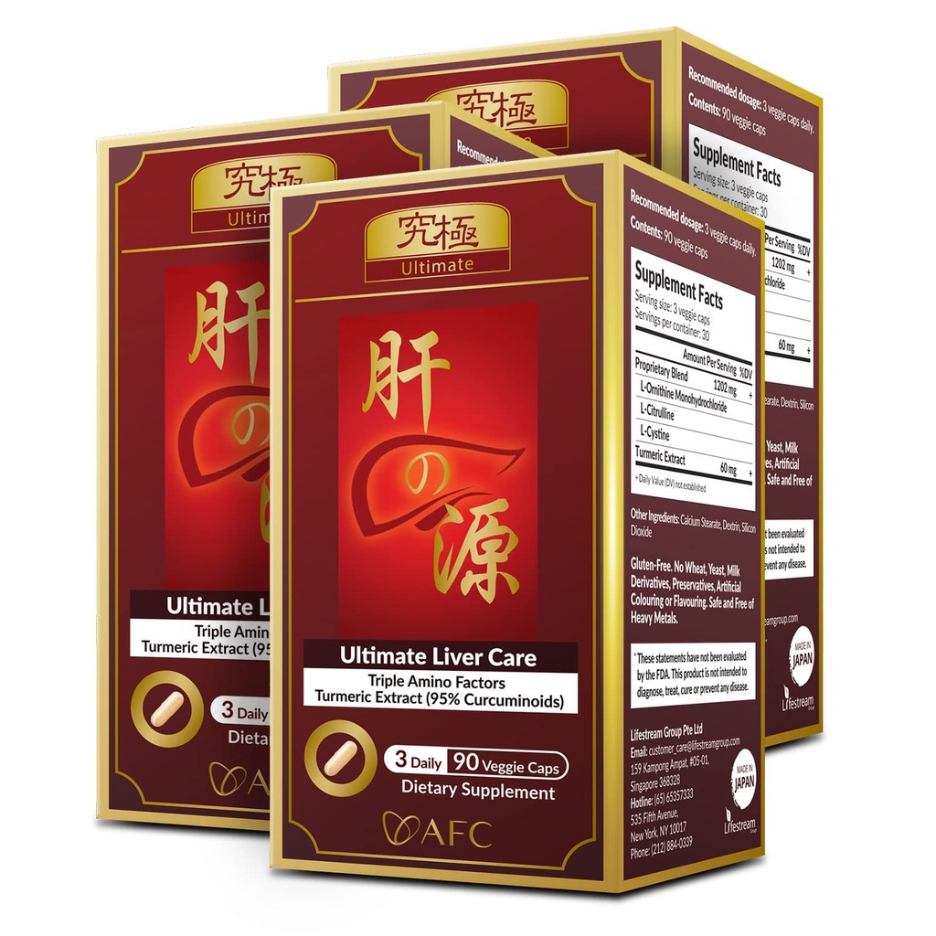 AFC Japan Ultimate Liver Care - Cleanse Detox Formula z Amino Acid L- Ornitine, L- Citruline, L- Cystyna i Turmeric - Liver Health Supplement, 90 Veggie kapsułki x 3