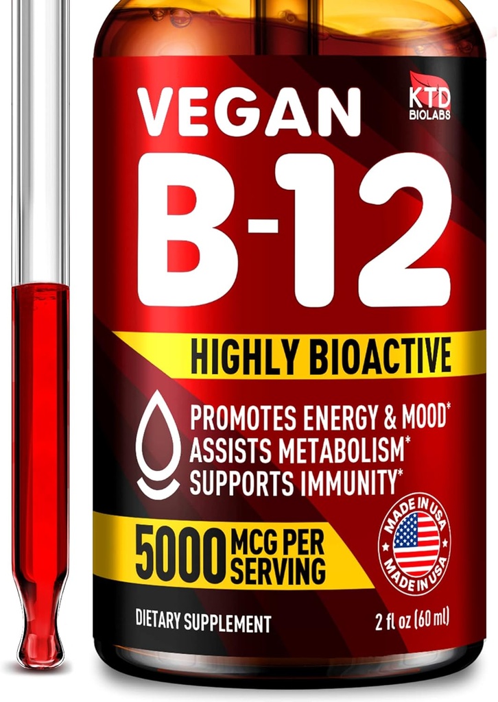B12 Podjęzykowe 5000 µg Drops - Made in USA - Vegan B12 Vitamin for Energy, Mood & Memory - Wysoce Biodostępne Podjęzykowe Dropy - Methylcobalamin for Women & Men - 2 fl. oz.