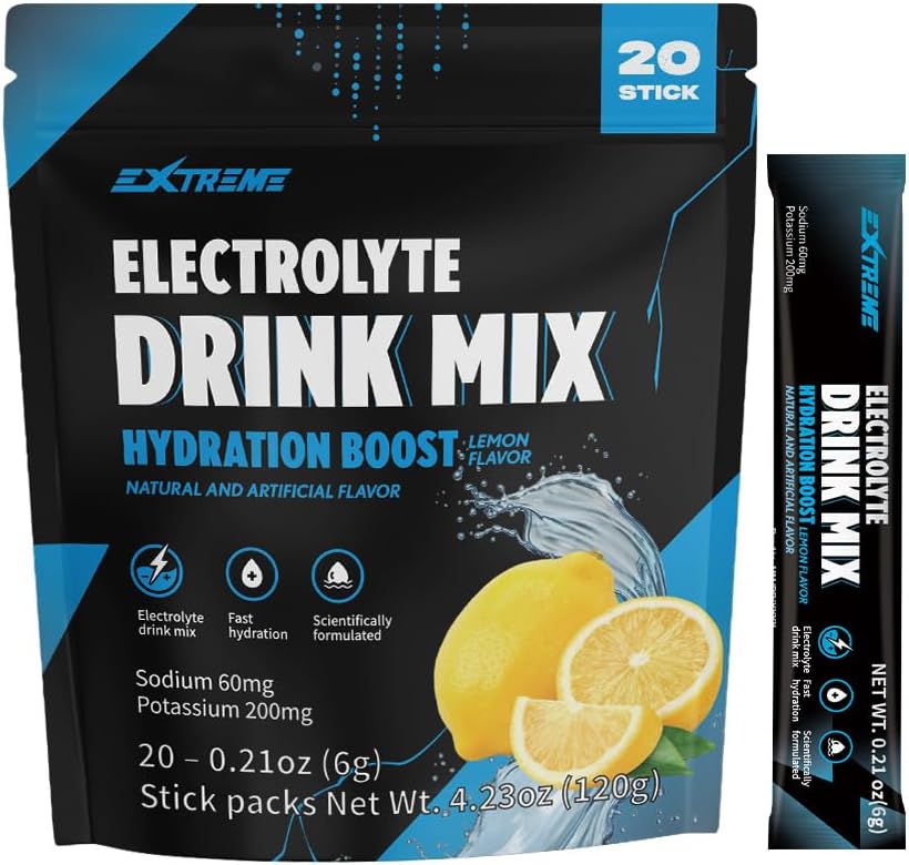 Ekstremalny napój elektrolitowy z 60 mg sodu, 200 mg potasu, Tauryna - proszek nawadniający, Zero cukru, zero kofeiny, Nie GMO, Zero gluten, Niskie kalorie, Lemon Flavor (20 opakowań, 20 Day Supply)