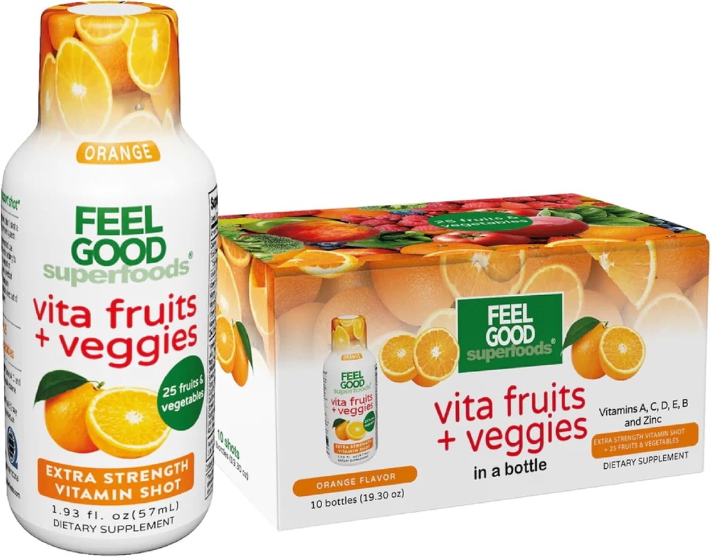 FeelGood Superfoods Vita Owoce i warzywa immunologiczne wsparcia suplementy, Pomarańczowy Flavor, Opakowanie z 10 Immunitet Shots, Immune System Booster Drink Made with 25 Organic owoców i warzyw