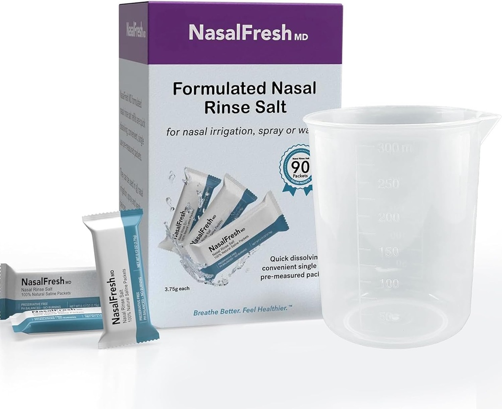 NASALFRESH MD - Pakiety solone - Szybkie rozpuszczanie - Pojedyncze zastosowanie - Zmierzone nawadnianie nosa - Indywidualne owinięte (3.75g / 1.3oz) - 90 Odliczanie pakietów napełniania - 300mm Cup
