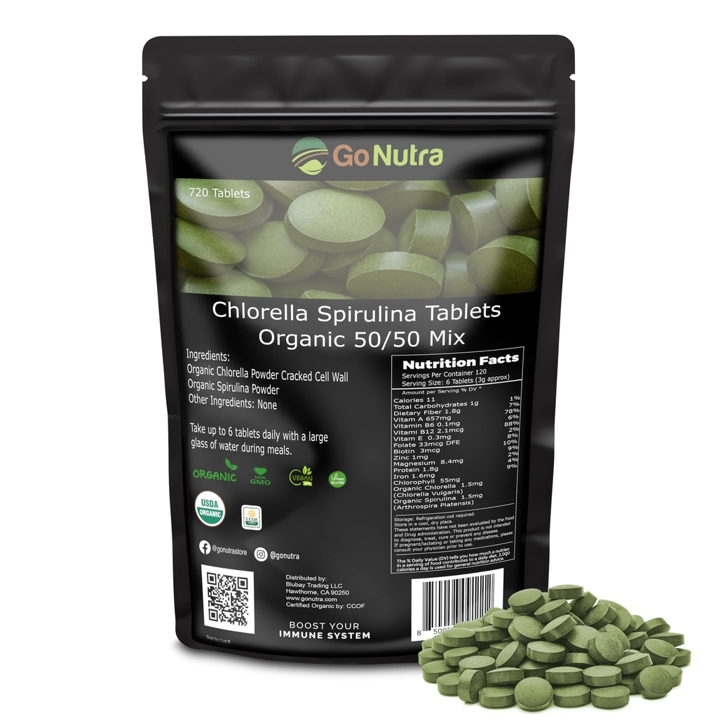 Go Nutra Organic Spirulina Chlorella Tablets 50 / 50 Mieszać 124; Żywność Dense Superfood - Białko wegańskie, Chlorofil, Enzymy 124; 500mg Każda Chlorella Spirulina Tablets, 720 Hrabia, 4 Miesiąc dostaw