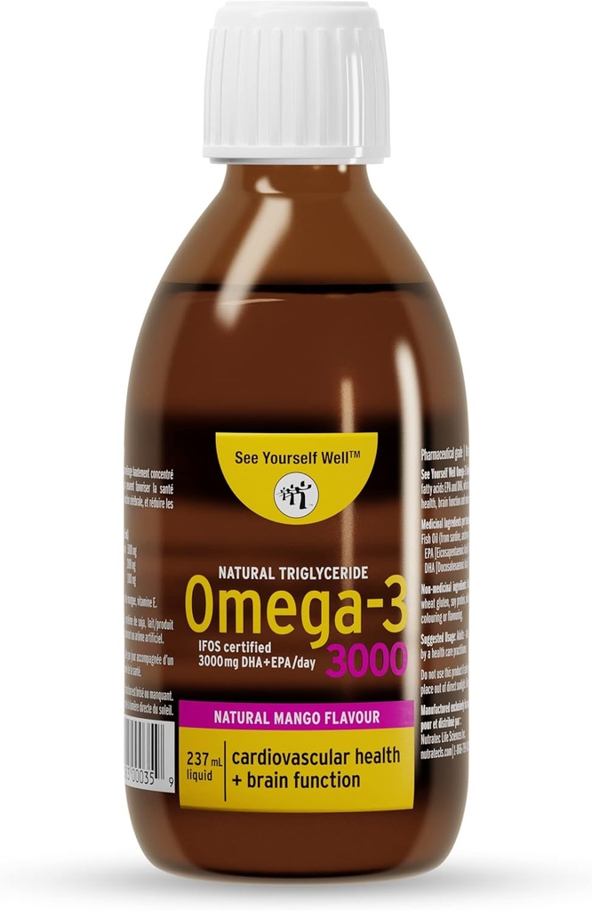 Liquid Omega 3 Fish Oil - High Potency. Promuje mózg, oko, serce i zdrowie immunologiczne. Naturalny Trigliceryd. 237ml / 8oz - 48 Sług. Mango