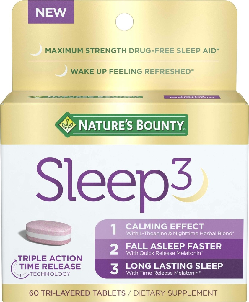 Nature 's Bounty Sleep3 Melatonin 10mg, Maksymalna moc 100% beznarkotykowa pomoc na sen, Suplement diety, L- Theanine & Nighttime Herbal Blend Time Release Technology, 60 Trójwarstwowe tabletki
