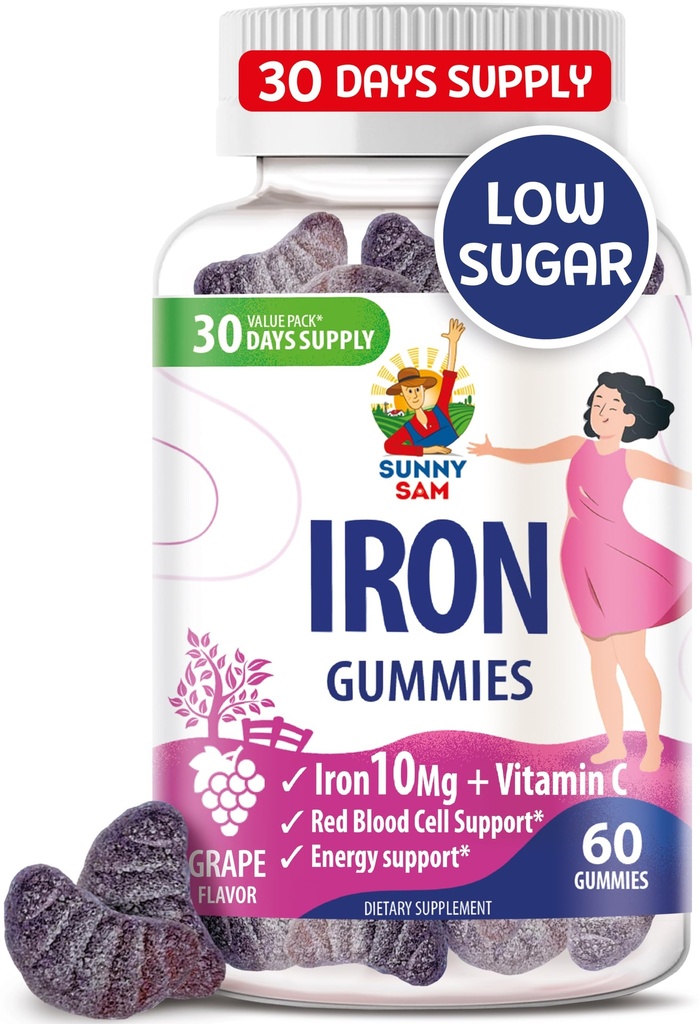 SUNNY SAM Żelazne gumki dla dzieci i dorosłych - Żelazne witaminy z witaminą C, 10 mg na serwowanie - Gummy do żucia owoców do immunologicznego wsparcia produkcji czerwonych krwinek