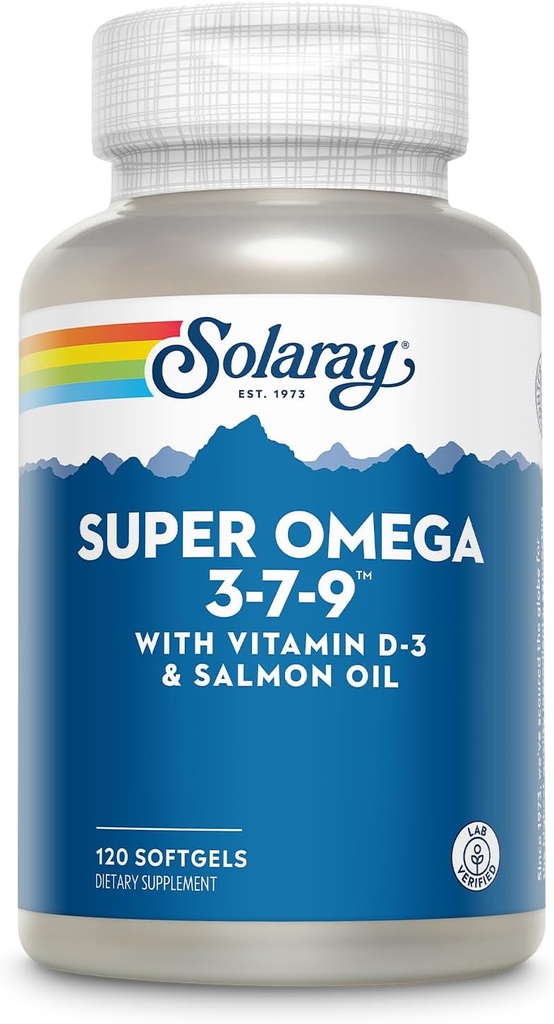 SOLARAY Super Omega 3 7 9 Wspiera zdrową skórę, więcej EPA, DHA, zasadnicze tłuste kwasy z oleju rybnego Mini Softgel, 120ct