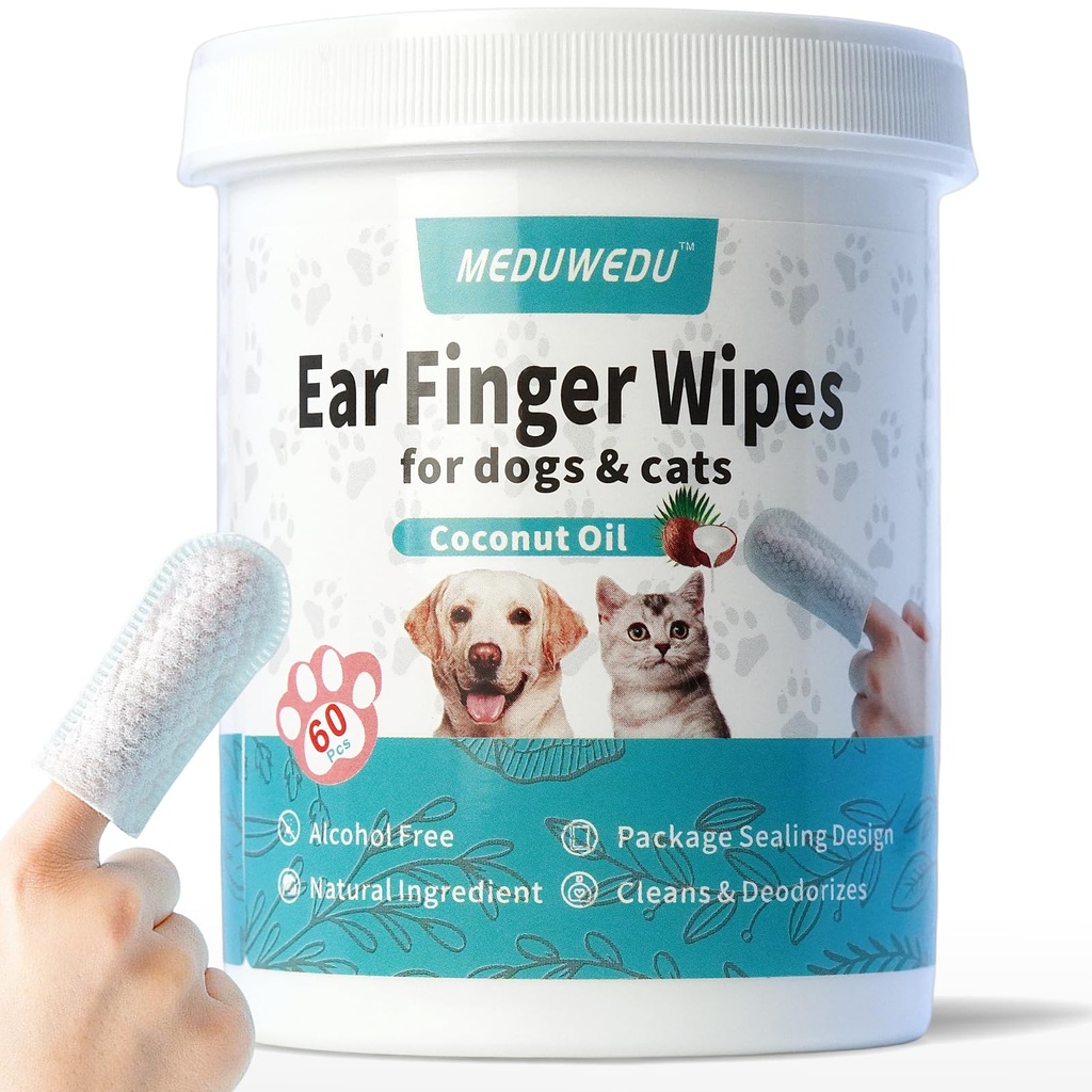 Uszy Czyściciel Finger Wipes 60 Liczy, Pies Czyściciel ucha, Pielęgnacja Kit dla psów i kotów, Miękkie i łatwe Otic Cleaning Pads, Usuń wosk, Dirt & Stop Smelly, Swędzacz, Non-Irritating, Coconut Scent