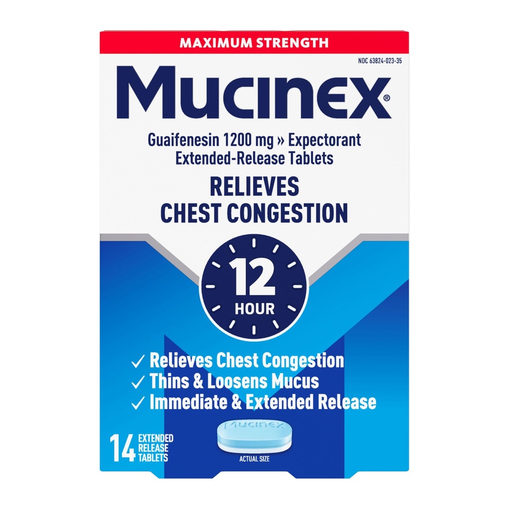 Zatory w klatce piersiowej Mucinex, maksymalna wytrzymałość 12-godzinne przedłużone tabletki uwalniające, 14ct, 1200 mg Guaifenezyna z rozszerzoną ulgą dla zatorów w klatce piersiowej spowodowaną przez nadmiar muku, cienki i luźny Mucus