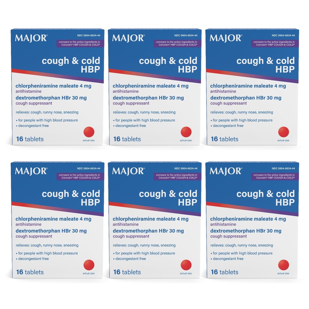 MAJOR Cough and Cold HBP Tablets - Antihistamine and Cough Suppressant for People with High Blood Pressure - Dextromethorphan HBr, Chlorfeniramine Maleate - 16 Count (6 Pack)