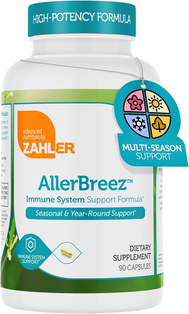 Formuła wsparcia systemu immunologicznego Zahler AllerBreez z witaminą C, Quercetin, Witamina B5, MSM & Stinging Nettle - Sezonowy i Roczny suplement wsparcia immunologicznego, Dhist Alergy Supplement (180 kapsułki)