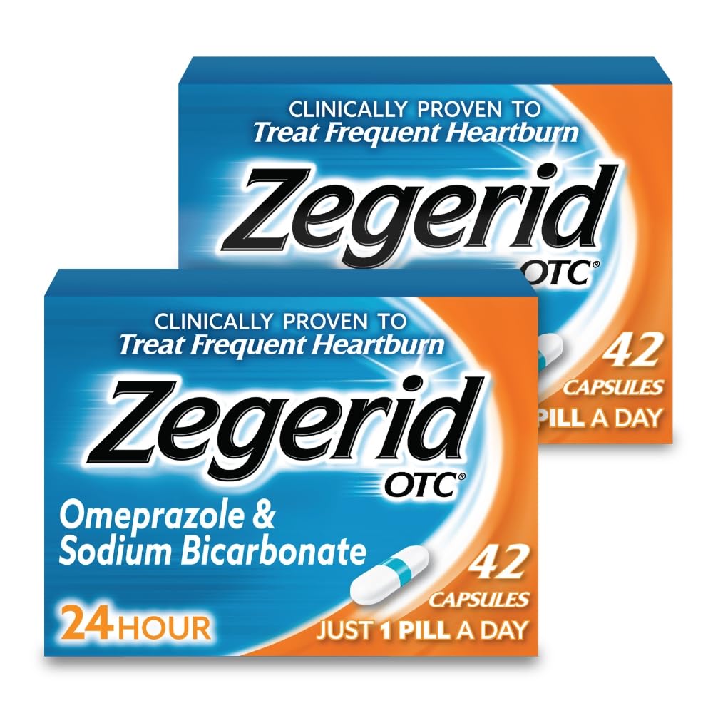 Zegerid OTC, 24- Hour Heartburn Relief, Acid Refluks Medicine and Antacid, Treats Frequent Heartburn, Omeprazol 20mg + Sodu dwuwęglan, Proton Pompa Inhibitor (PPI), Dwa 42ct Pudełko tekturowe