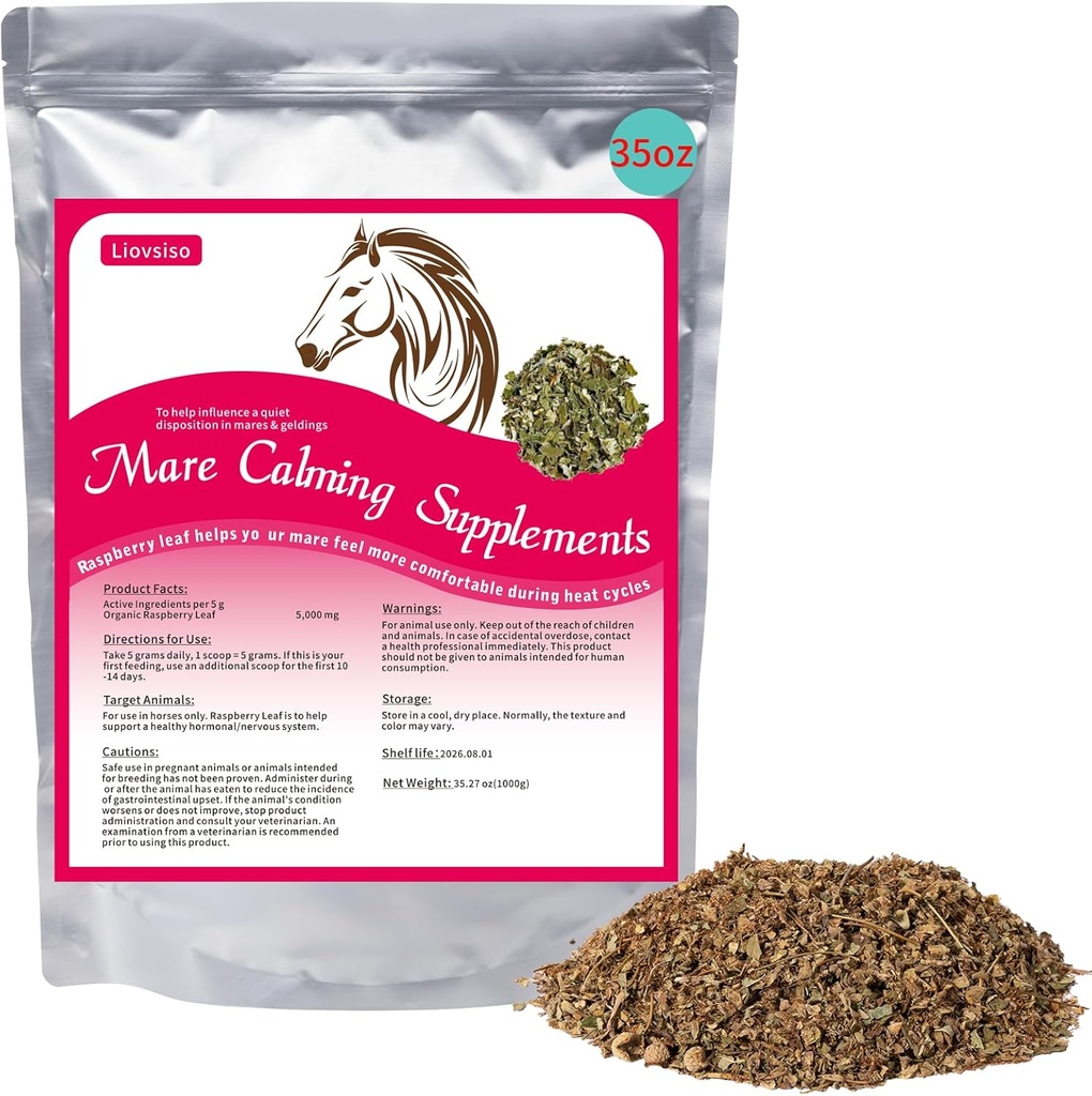Koń Calming Supplement Natural Raspberry Leaf 35 OZ- łagodzi lęk, drażliwość, i dyskomfort w Mares podczas cyklu cieplnego - również Magic Nadaje się do granulek