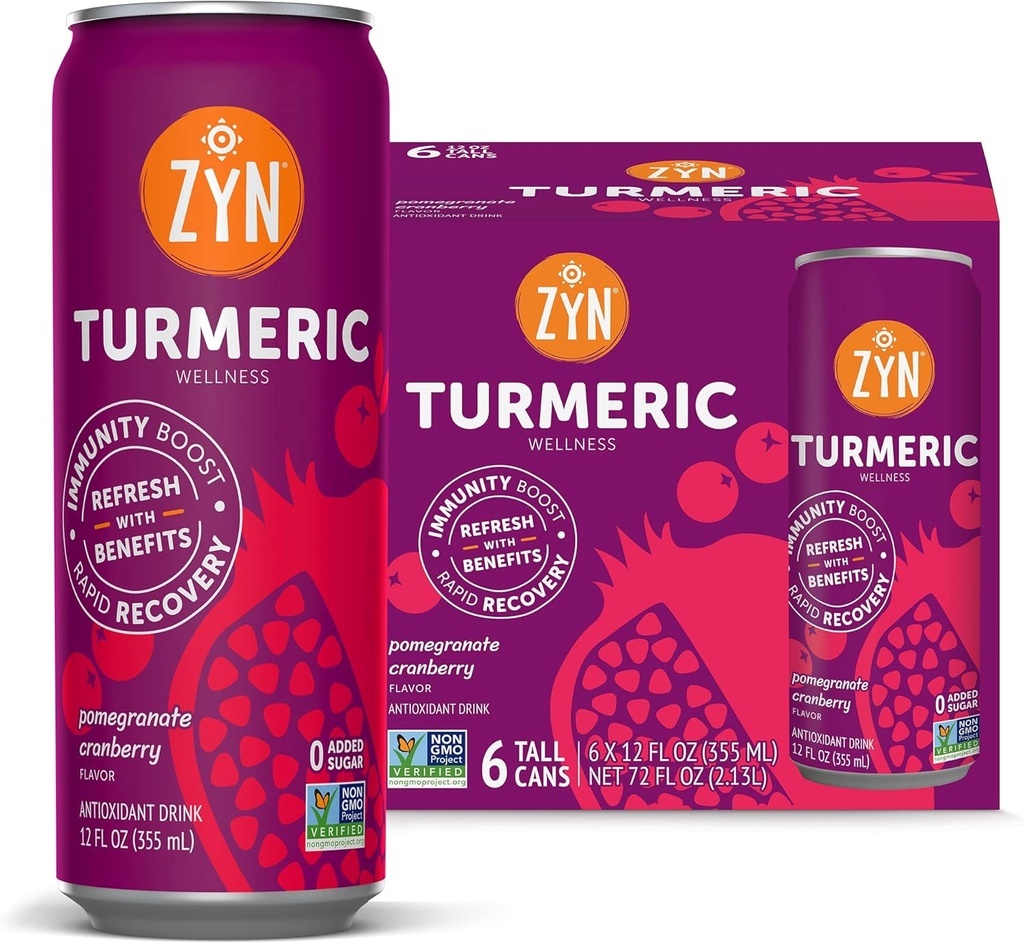 ZYN Turmeric Wellness Drink (6 Pack), Pomegranat Żurawinowy aromatyczny kurkumina napój z czarnego pieprzu, Nie dodawany cukier, niskie węglowodany i niskie Calorie Drink, Czysta alternatywa