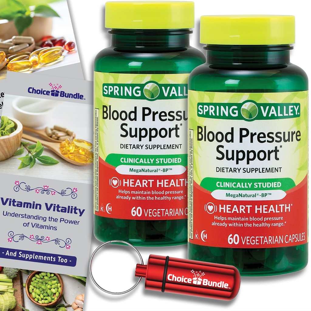 Wybór Bundle Spring Valley Blood Pressure Support Vegetarian Kapsułki 60 Ct 2 pk (120 Razem) + Witamina Guide & pojemnik na pióro (4 Produkty)!