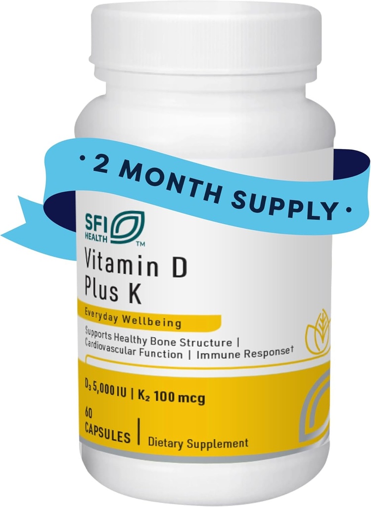 Klaire Labs SFI Health Witamina D Plus K - Biodostępna witamina K2 D3 Suplement do kości i wsparcia immunologicznego - Każda kapsułka dostarcza D3 5000 iu & K2 100 Mcg (60 kapsułek)