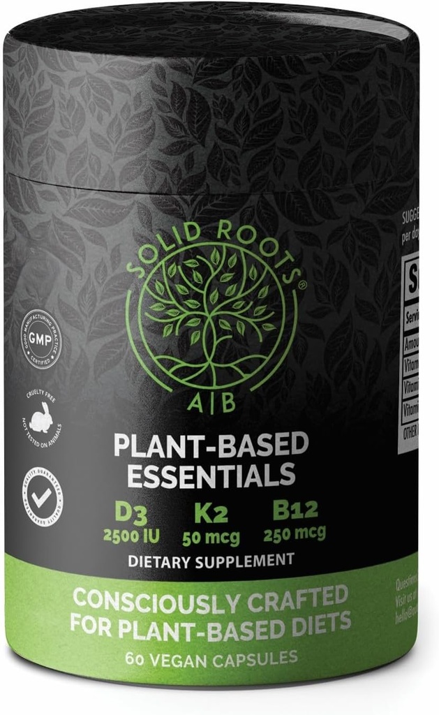 SOLID ROOTS Vegan Witamina D3 + K2 + B12 dla kości, Serca, Skóry, Plant Zębuszowych Multivitamin Essentials