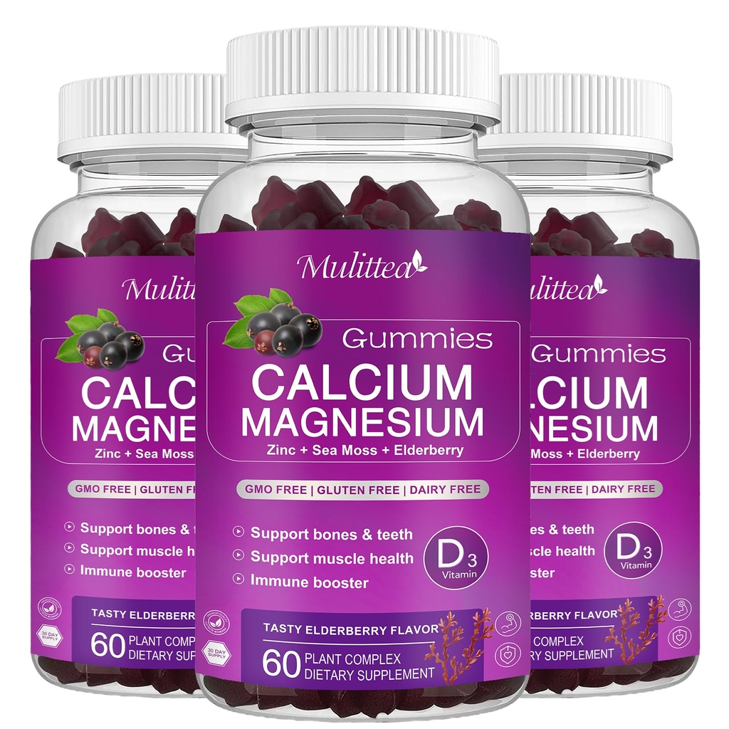 Magnezu wapnia Gummie cynku o wysokiej absorpcji Magnezu Glicynian 200mg, Potasu -roślina suplement wapnia w / D3 & Mech morski dla kości, Mięśnie, nastrojów spokojnych i snu - Dzieci i dorośli (3 Pack)