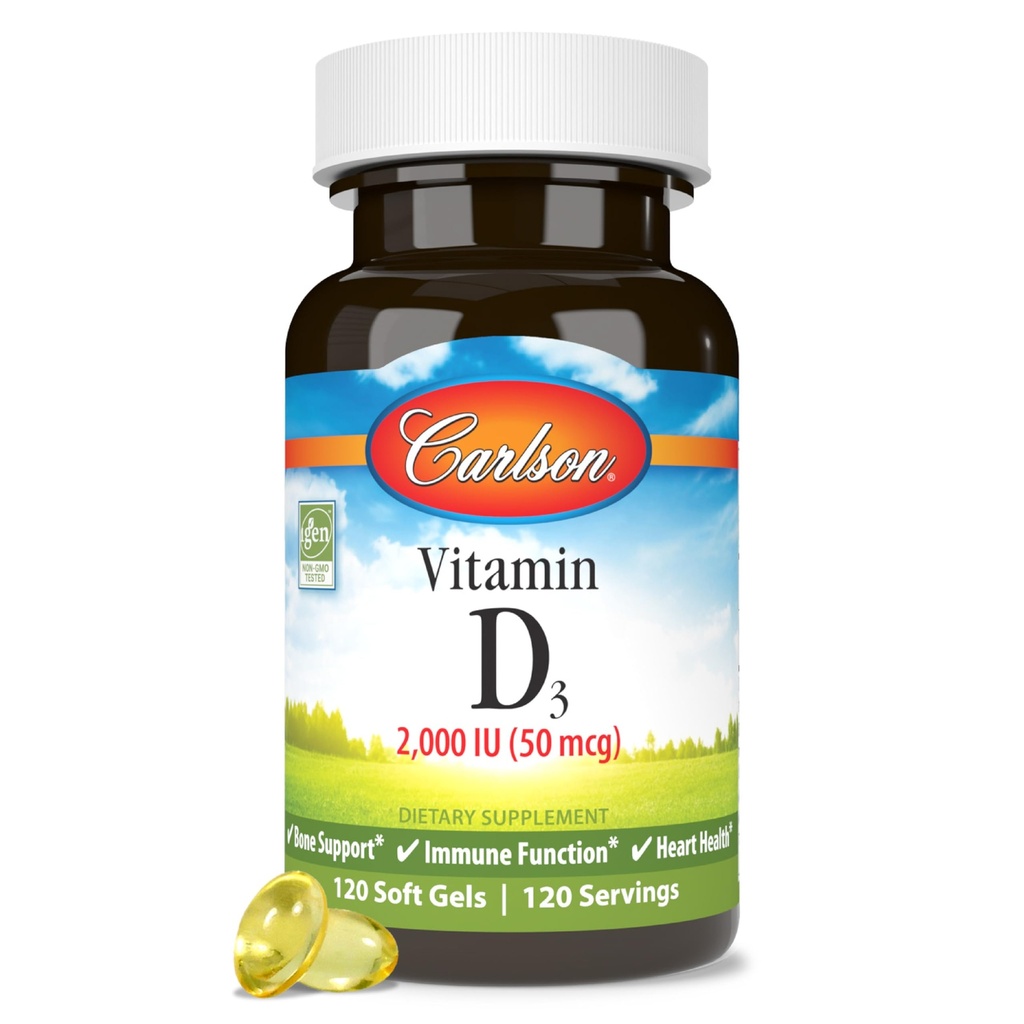 Carlson - Witamina D3, 2000 j.m. (50 μg), Wsparcie immunologiczne, Zdrowie kości, Zdrowie mięśni, Cholekalcyferol, Suplementy witaminy D, Witamina D3 żele miękkie, 120 Softgels