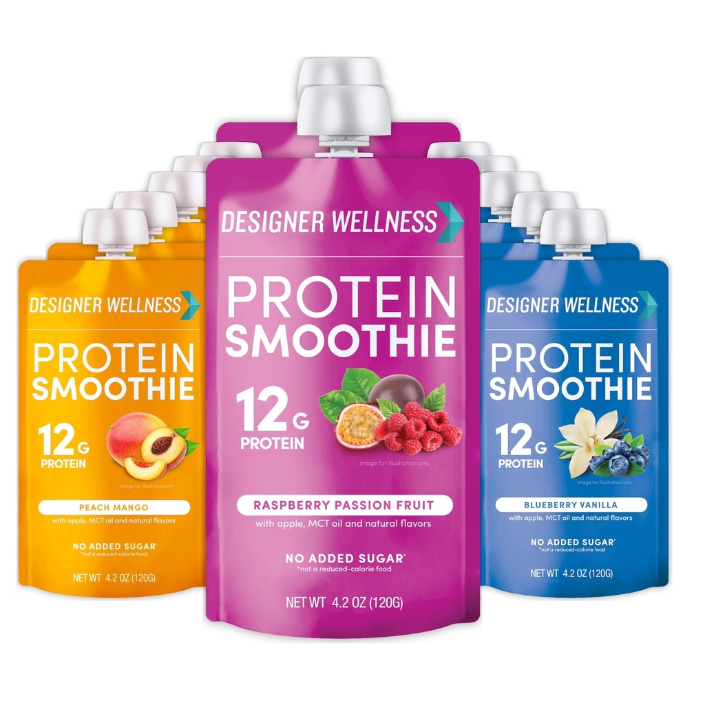 Designer Wellness Smoothie Protein, Prawdziwe owoce, 12g białka, Niskie węglowodany, Zero dodawany cukier, Gluten- free, Nie-GMO, Brak sztucznych kolorów lub aromatów, Super Fruits Variety Pack, 12 Count