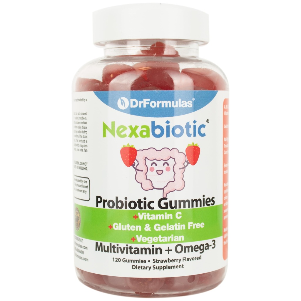 Drewniane gumki wieloskładnikowe z Omega 3 i Probiotykami dla dzieci i dorosłych z witaminą C 124; Nexabiotic z witaminą A, C, D3, E, B6, B12 i cynkiem, Biotin, Folate 124; Halal Vegetarian, 120 Hrabia